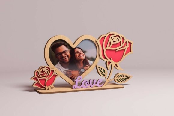 Romantischer Bilderrahmen "Love" aus Holz mit Rosen - Valentinstag Geschenk