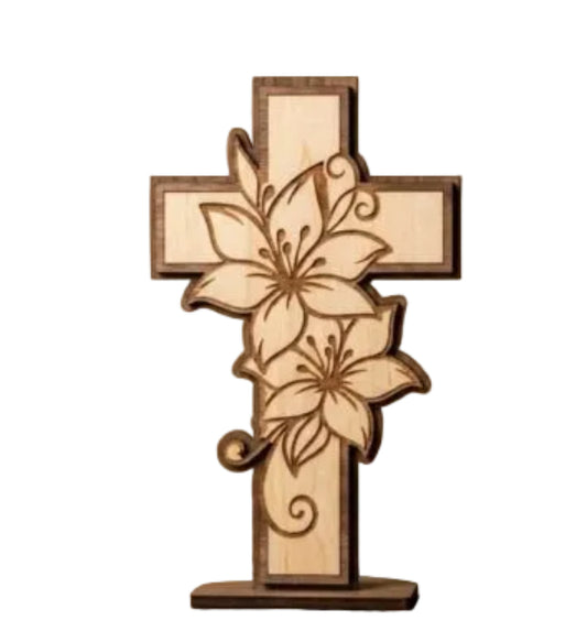 Kreuz mit Lilien Laserschnitt SVG - 2 Schichten Ostern Holzdeko