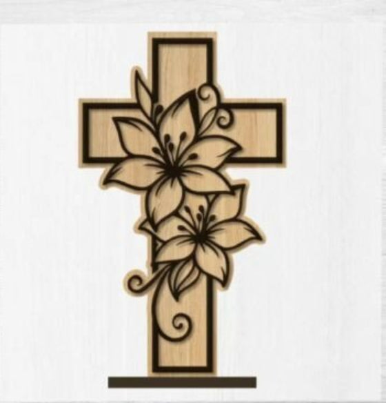 Kreuz mit Lilien Laserschnitt SVG - 2 Schichten Ostern Holzdeko