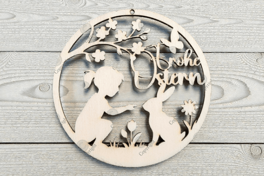 Frühling Ostern Türkranz Laserschnitt SVG - Mädchen mit Hase Motiv